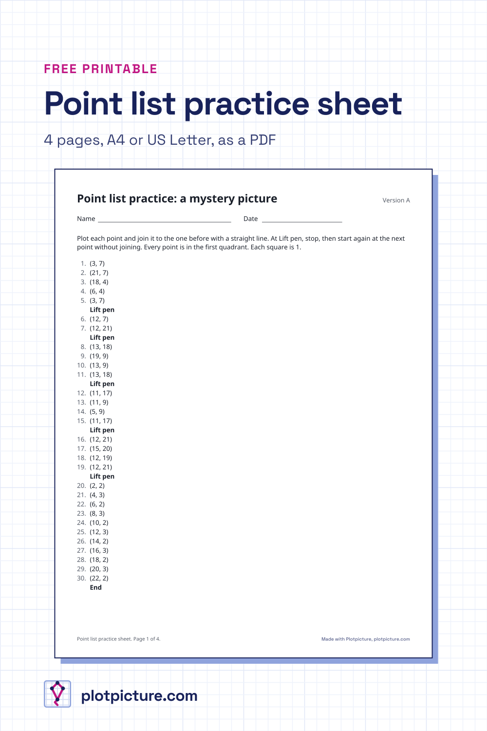 The student page of the point list practice sheet: the title, name and date lines, the instructions and the numbered point list in columns.